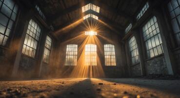 Abandoned Warehouse Interior with Golden Sunlight Streaming Through Windows. photo