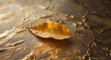A golden leaf on a metallic surface photo