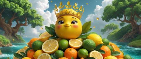 Lemon Queen on a Citrus Mountain. A whimsical scene of royalty in a fruity paradise. photo