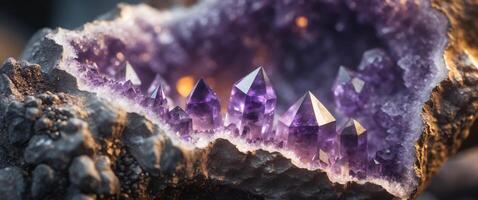 Stunning Amethyst Geode Cluster with Sharp Crystals and Rough Outer Texture, CloseUp. photo