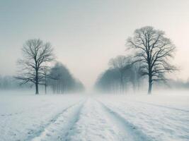 A Serene Winter Landscape. SnowCovered Field and Bare Trees Enveloped in Thick Fog. photo