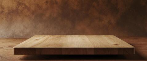 Wood Display Podium for Product Showcase, Brown Backdrop and Natural Wooden Surface. photo