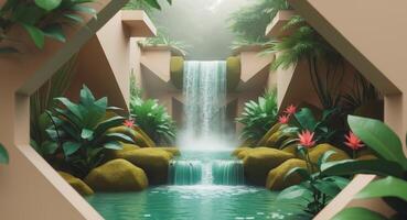 Serene Waterfall Oasis Framed by Geometric Architecture, Lush Greenery, and Red Flowers. photo