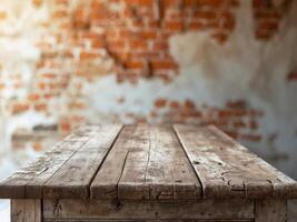 Rustic Wooden Table Against a Distressed Brick Wall, Perfect for Product Mockups. photo