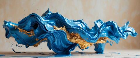 Abstract Blue and Gold Fluid Sculpture. A Dance of Color and Texture, Artistic Vision. photo