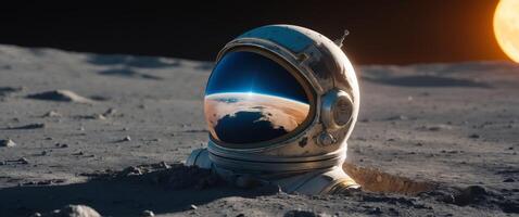 Lost on the Lunar Surface. A Lonely Astronauts Helmet with Earth Reflection photo