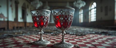 Two jeweled goblets of ruby liquid in a decaying ballroom, a haunting still life. photo