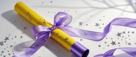 A Bright Future. Diploma Scroll with Violet Ribbon and Silver Star Confetti. photo