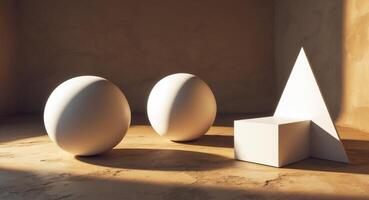 Geometric Harmony. Spheres, a Cube, and a Triangle in an Abstract Tan Space, Sunlight. photo