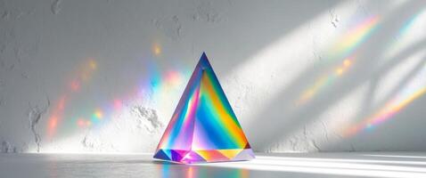 Rainbow Prism on a White Surface, Casting Colorful Light and Shadow Patterns. photo