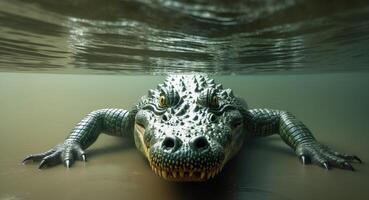 An alligator is submerged in the water photo