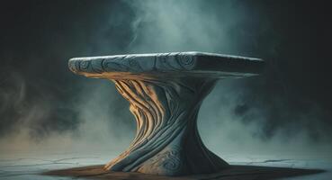 Mystical Stone Pedestal with Intricate Carvings in a Smoky, Atmospheric Setting photo