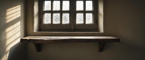 Sunlight Streaming Through a Window Above a Rustic Wooden Shelf, Quiet Still Life photo