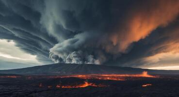 A volcano is seen in the sky with lava and clouds photo