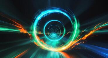 Abstract Neon Rings and Light Streaks Portal, Tunnel, or Gateway to Another World. photo