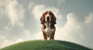 Basset Hound on a Hilltop. A Portrait of Serenity and the Beauty of Nature. photo