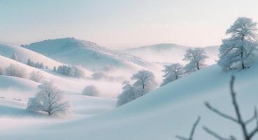 Winters Serenity. A SnowCovered Landscape of Rolling Hills and FrostKissed Trees. photo
