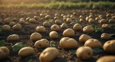 Freshly Harvested Potatoes Scattered Across a Field, Ready for Collection. photo