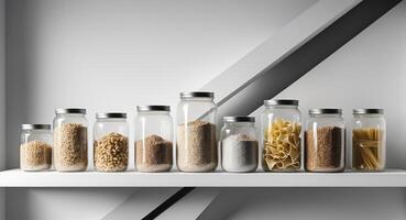 Jars of Assorted Dry Foods and Pasta on a White Shelf, Minimalist Pantry Storage. photo