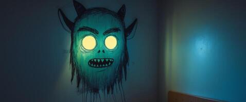 Monster in the Room. A Sketch of a Creature with Glowing Eyes in a Bedroom. photo
