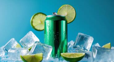 A can of soda with lime slices on top of ice photo