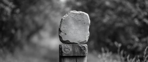 A stone on top of a wooden post in a field photo
