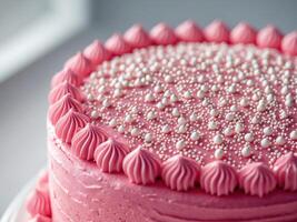 A pink cake with white frosting and sprinkles photo