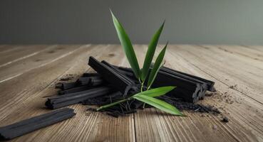 Activated Bamboo Charcoal with Green Leaves on Wooden Surface, a Symbol of Balance. photo