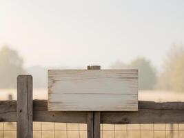 Rustic Wooden Fence and Blank Sign at Dawn, Perfect for Personalized Messages. photo