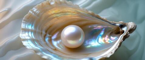 A pearl in a shell with a rainbow background photo