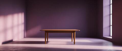 Simple wooden table in an empty room bathed in soft light serene interior scene. photo