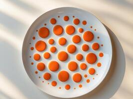 White Plate with Orange Polka Dots, Minimalist Design, Studio Lighting and Clean Aesthetic photo