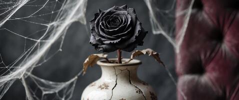 Black Rose in Cracked Vase with Spiderwebs, a Gothic Still Life Composition photo