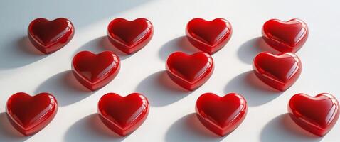 Array of Red Heart Candies on a White Background, Romantic Concept, Valentines Day. photo