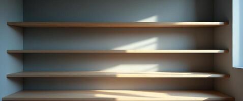 Empty shelves made of wood, bathed in sunlight from the window, for storage and display. photo