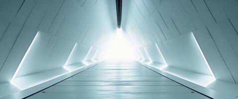 Futuristic White Hallway with Geometric Patterns Leading to a Bright Light Source. photo