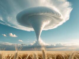 A tornado is seen in the sky over a field photo