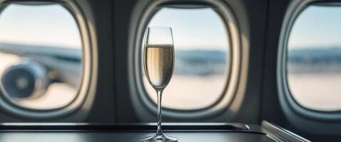A glass of champagne on a table in front of an airplane window photo