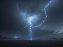 Lightning strikes over a dark sky with a mountain in the background photo