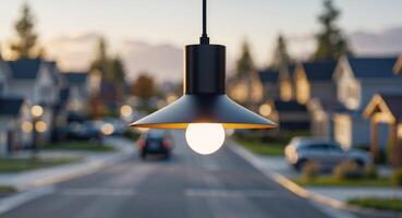 A light bulb hanging from a lamp post in front of a house photo