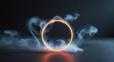 A ring of smoke is shown in front of a black background photo
