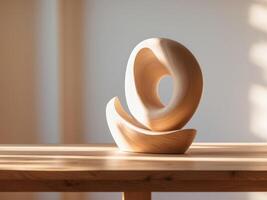 A wooden sculpture on a table in front of a window photo