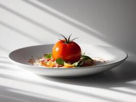 A tomato on a white plate with a leaf photo