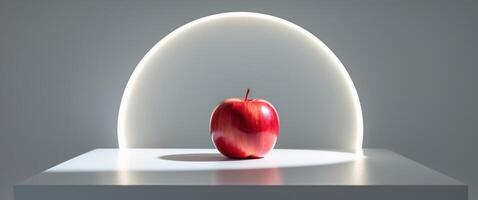 An apple is sitting on a white table with a light shining on it photo