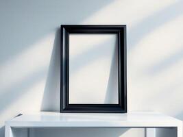 A black frame sitting on a table in front of a white wall photo