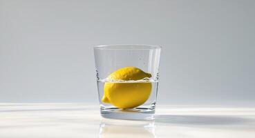 Lemon Submerged in a Glass of Water, a Simple Still Life with Natural Lighting. photo
