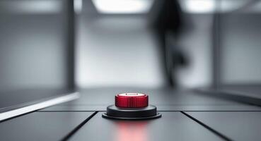 A Critical Decision. Red Button in Focus, Abstract Figure in the Background. photo