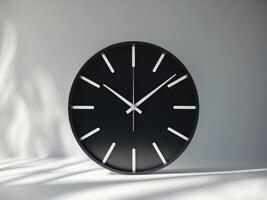 Minimalist Black Wall Clock with White Hands and Markers on a Gray Background. photo