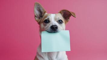 Dog holding a blank note, ready for your message. Cute dog on pink background. photo