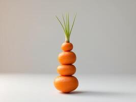 Stacked spherical carrots with green shoots in a minimalist composition, isolated. photo